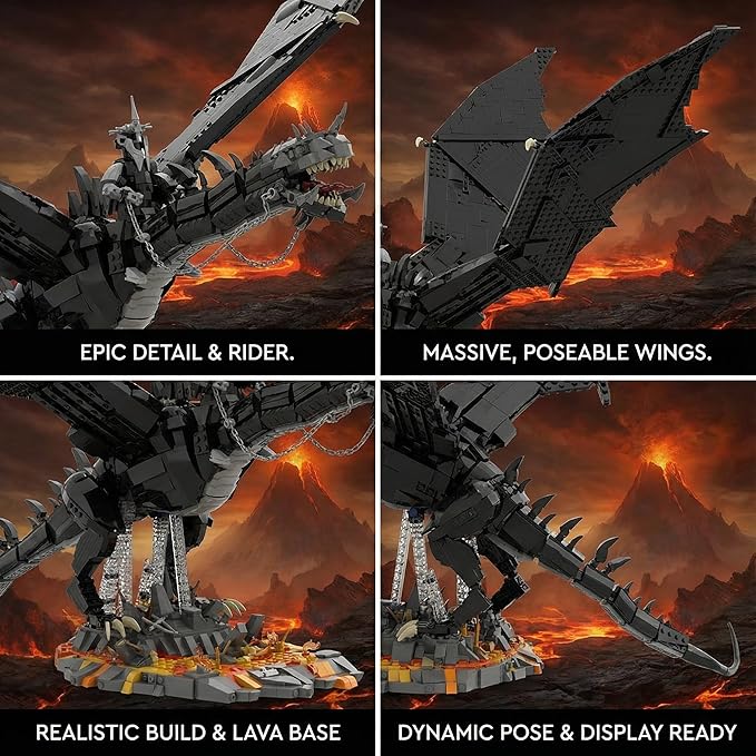 The Rings Dark Fantasy Giant Dragon with Witch King Figure Building Blocks Set - 80cm Large Scale Black Dragon with Lava Nest Base &amp Detailing for Adults 14+ (2199 Pieces)