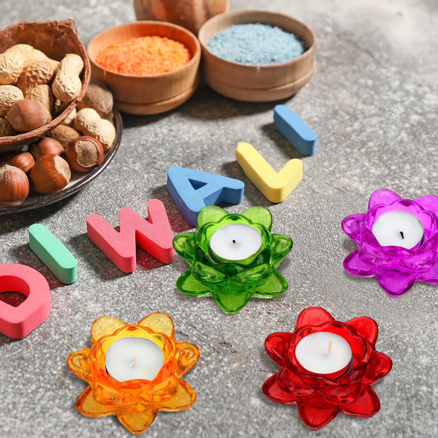 Dandat 6 Pcs Glass Lotus Tea Light Holder Diwali Lotus Candle Holder Crystal Tealight Candle Stand for Diwali Decor Table Centerpiece