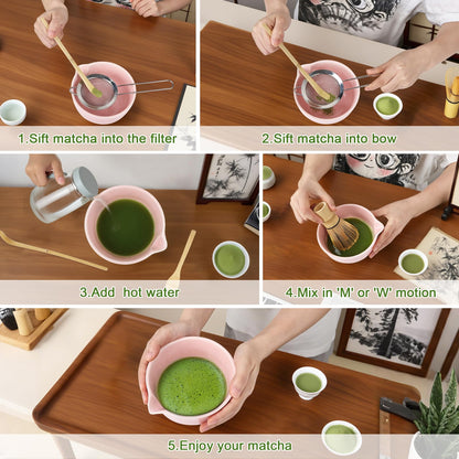 PHILORN Matcha Whisk Set, 9Pcs Ceramic Macha Kit, Matcha Set Whisk and Bowl with Spout, Whisks, Holder, Bamboo Scoop, Scoop Rest, Sifter and Tea Towel for Macha Lover (Pink)