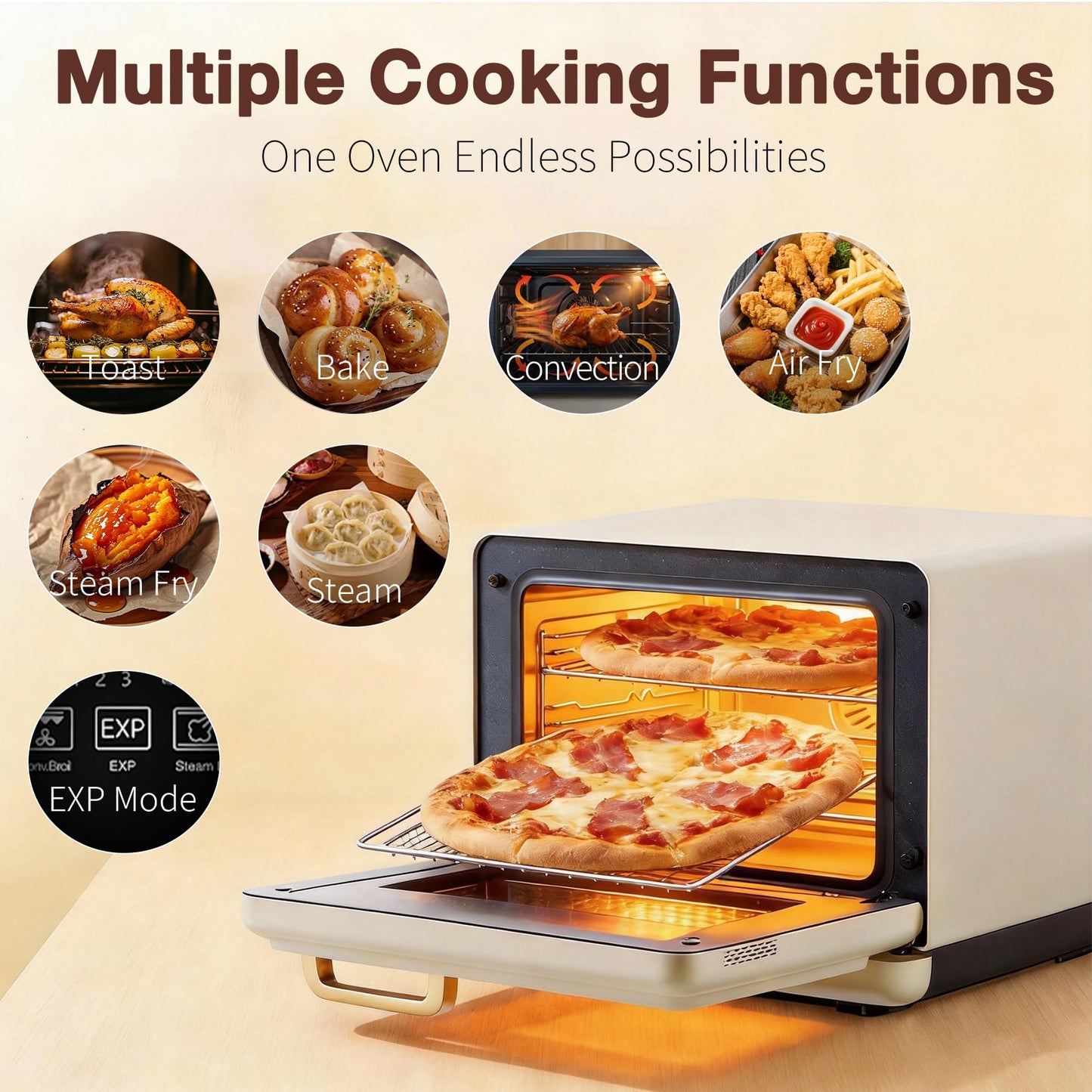 ROBAM Toaster Air Fryer Oven Combo, Countertop Convection Cooker with Bake & Fry, 1.2 Cu.Ft Large Capacity Combi Steam Oven, 32 Preset Recipes, Smart Touch Precise Temp Control, Multi-Stage CT766