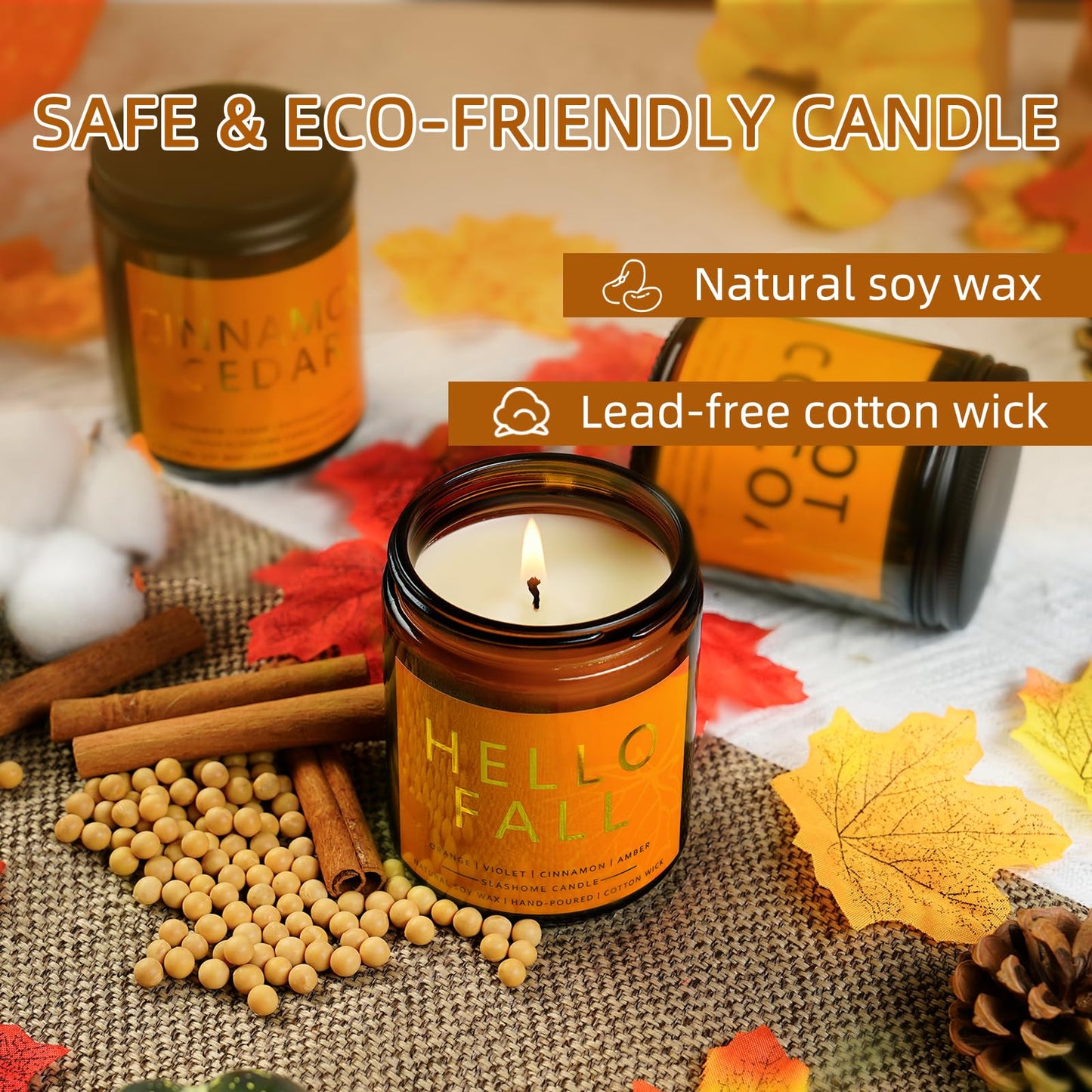 Fall Candles Set | 4 Pack Candles for Home Scented Natural Soy Wax, Autumn Gifts Set for Women Men, Fall Fragrance of Hellofall, Spice Pumpkin, Apple Cider, Hot Cocoa