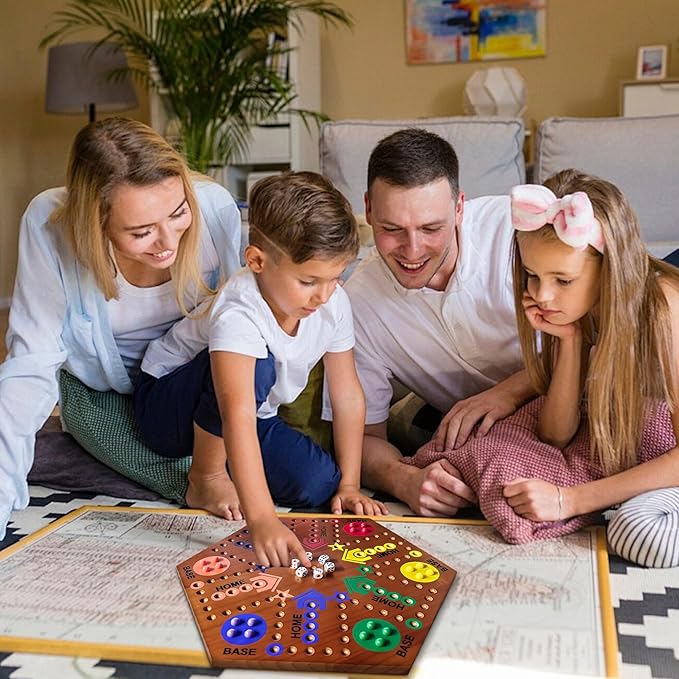 Wooden Board Game Board Game Original Marble Game Double Sided Painted 2 to 6 Player Fast Track Wooden with 6 Colors 24 Marbles 6 Dice for Adults Kids Family(20 INCH Flame)