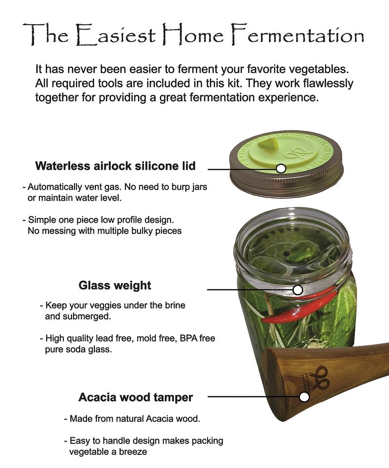 Canning kit. Complete DIY fermentation kit for wide mouth mason jars or pickling jars for 7 sets. Glass weights, tamper, airlock lids, and recipe included.