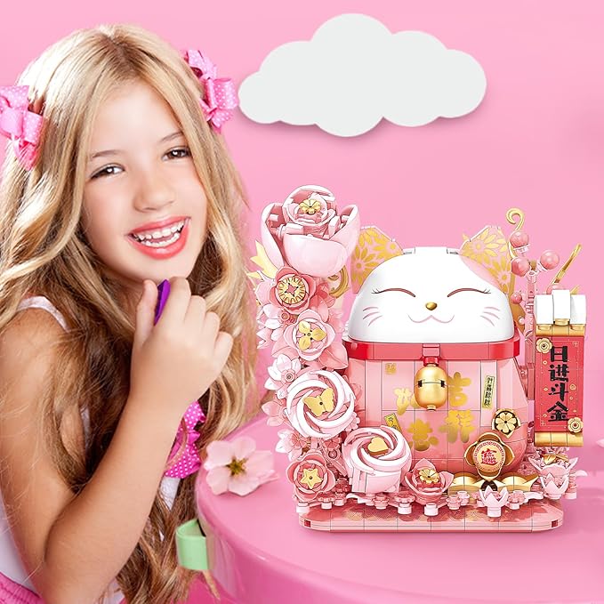 Lucky Cat Building Block Set Compatible with Lego Cat 868Pcs Cute Fortune Cat with Flowers Building Blocks Christmas Birthday Creative Gift for Girls Boys Adult (Pink Cat)