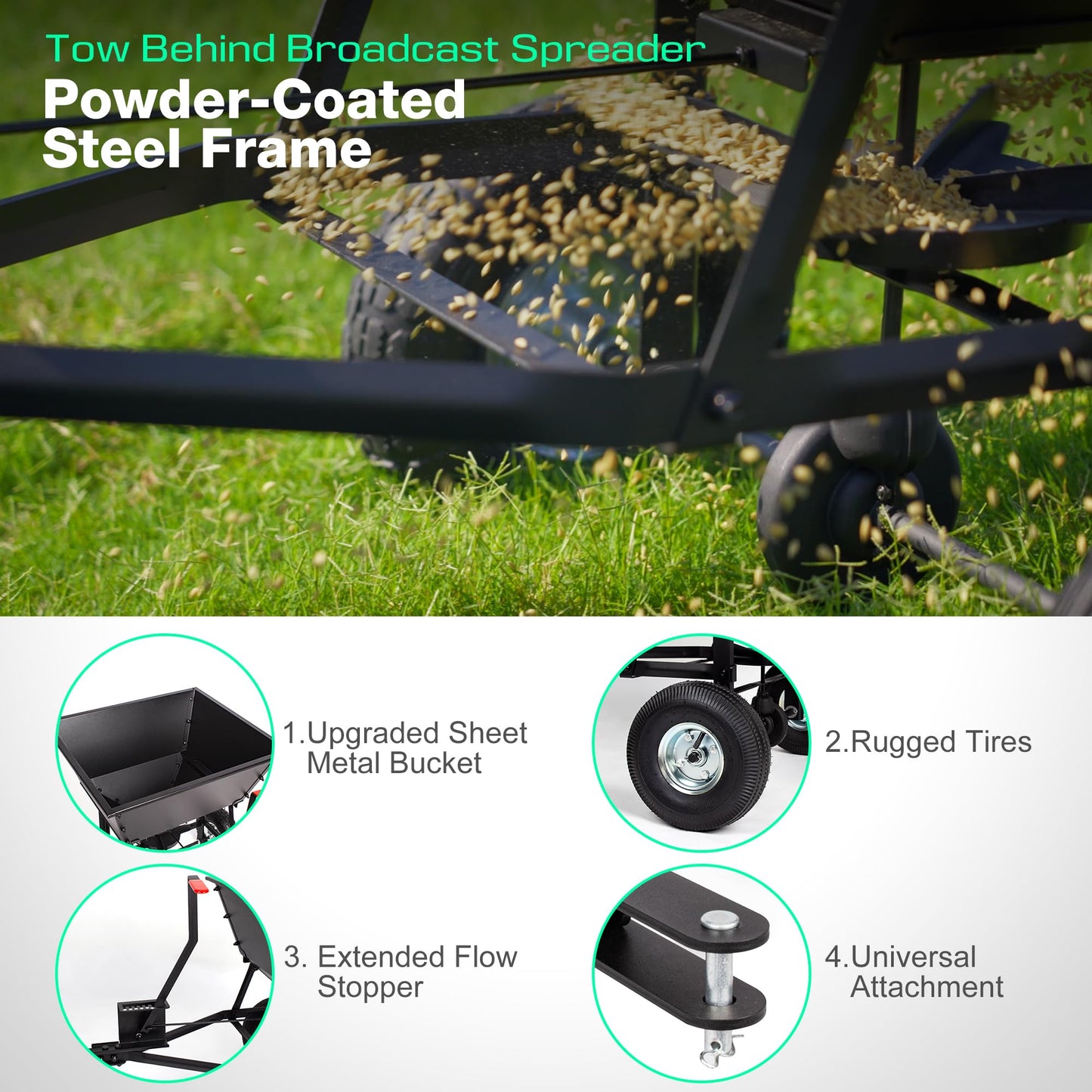Suchtale Tow-Behind Broadcast Spreader, 130 lbs Capacity, Heavy Duty Fertilizer and Seed Spreader with Adjustable Flow Control Lever,10" Pneumatic Tires, Durable Metal Hopper for Various Terrain Type