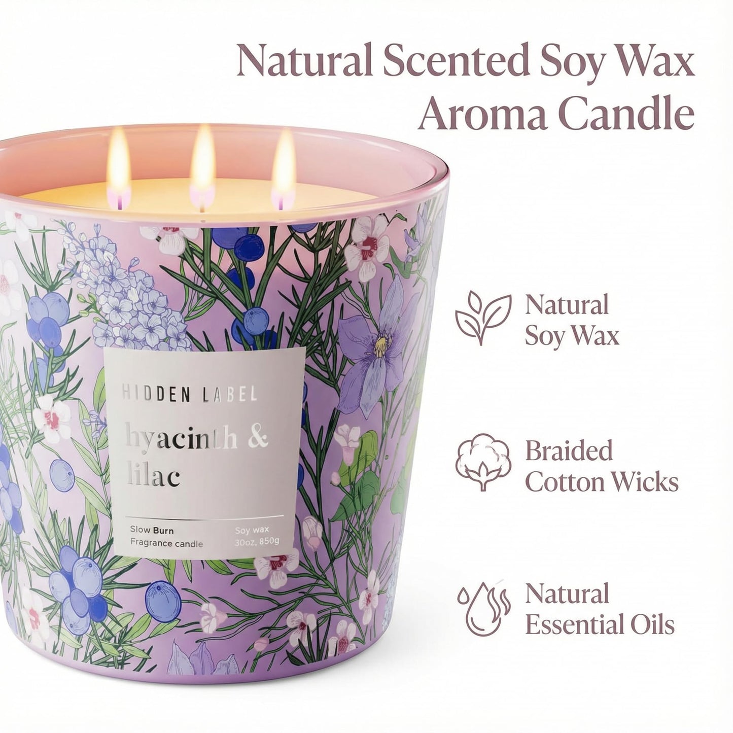 Hidden Label Large Soy Candle, Hyacinth Lilac Scented, 3 Wick 30oz, 100Hr Burn, Natural Non-Toxic Aromatherapy Stress Relief, Home Scent, Spa