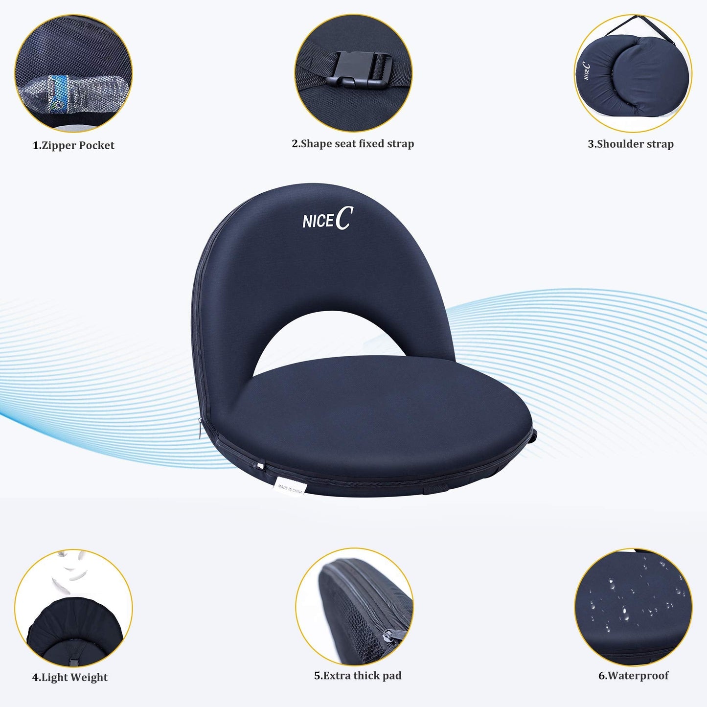 Nice C Stadium Seats, Floor Chairs, Bleacher Chairs, 10-Posisition Reclining Waterproof Cushion, Ultralight, Foldable, Extra Thick Padding, with Shoulder Strap & Net Pocket (Set of 1 Black)
