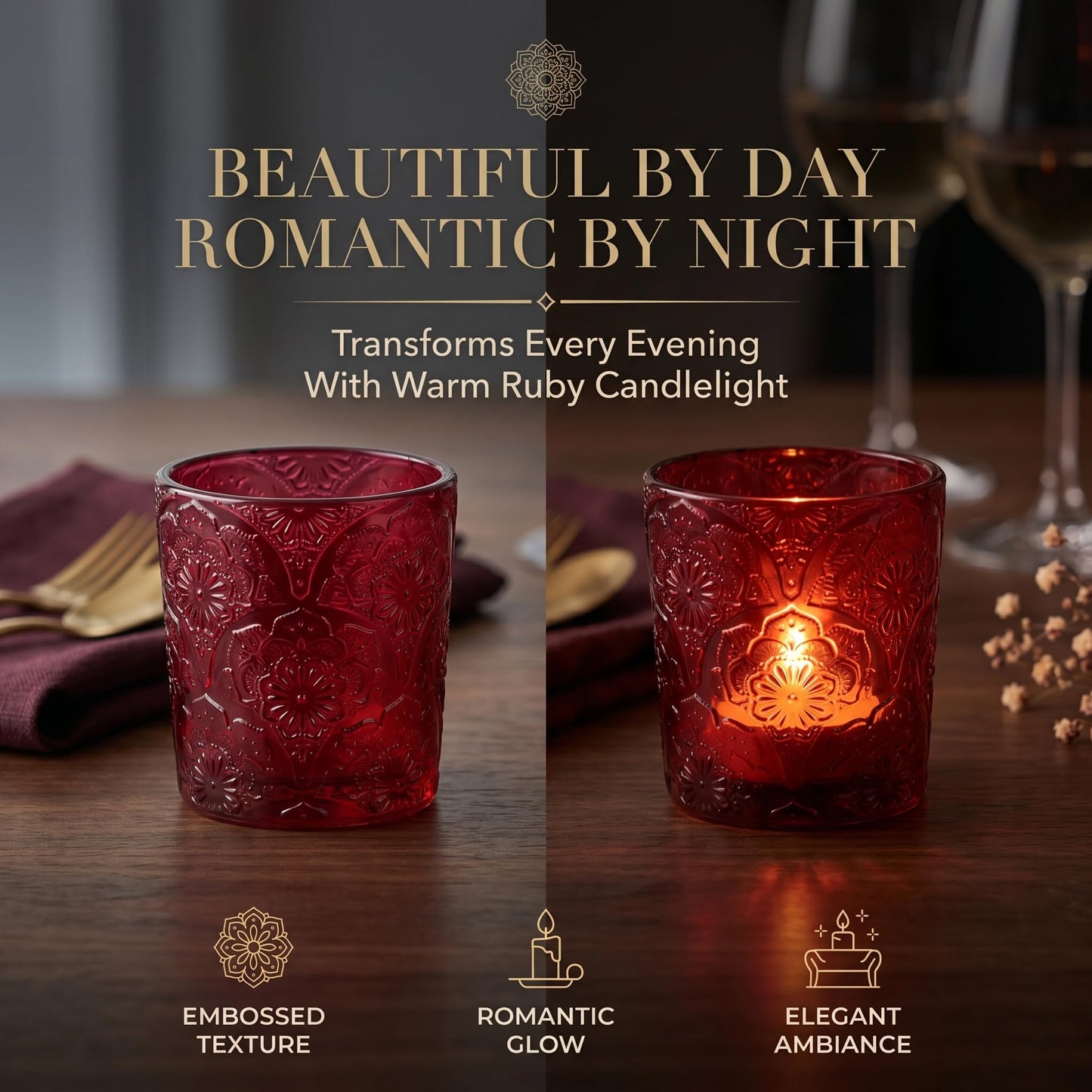6 Pack Mandala Embossed Glass Candle Holders – Votive Tealight Holders with Patent Design, Decorative Embossed Glass Cups for Wedding Centerpieces, Parties, and Home Décor (Wildberry Red)