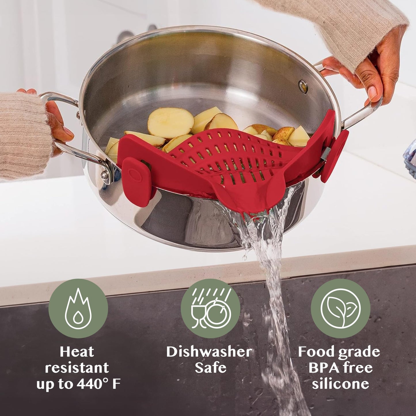 Kitchen Gizmo Snap N' Strain Clip On Strainer for Pots and Pans - Collapsible Silicone Pasta Strainer and Kitchen Gadget for Cooking - Easy to Use, Heat Resistant and Space Saving Colander - Green