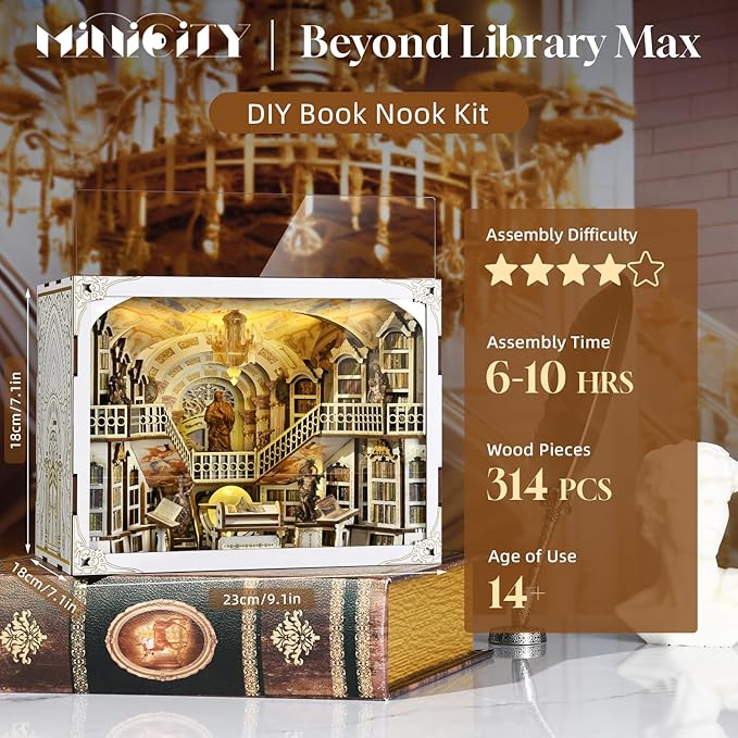 Book Nook Kit DIY DIY Miniature Dollhouse for Adults Beyond Library 3D Wooden Puzzle Bookend Bookshelf Insert Decor with LED Light Gifts for Book Lovers (Library of Gods Max)