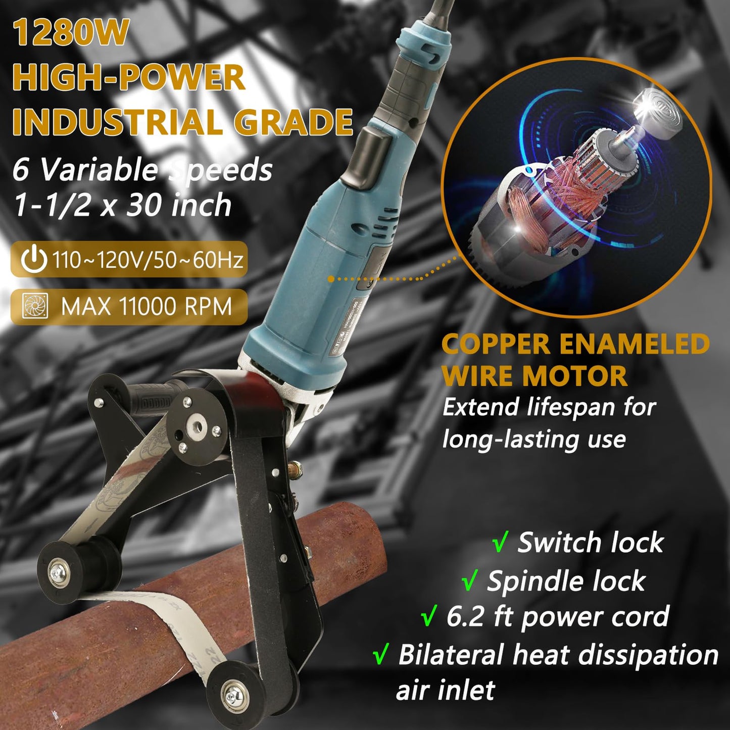 Pipe Belt Sander - 1480W Industrial Grade Pipe Tube Polishing Sandingwith 6 Variable Speeds,Suitable for Polishing Various Circular Pipe Materials,Woodworking and Metal Rust Removal(45Pcs Belts).