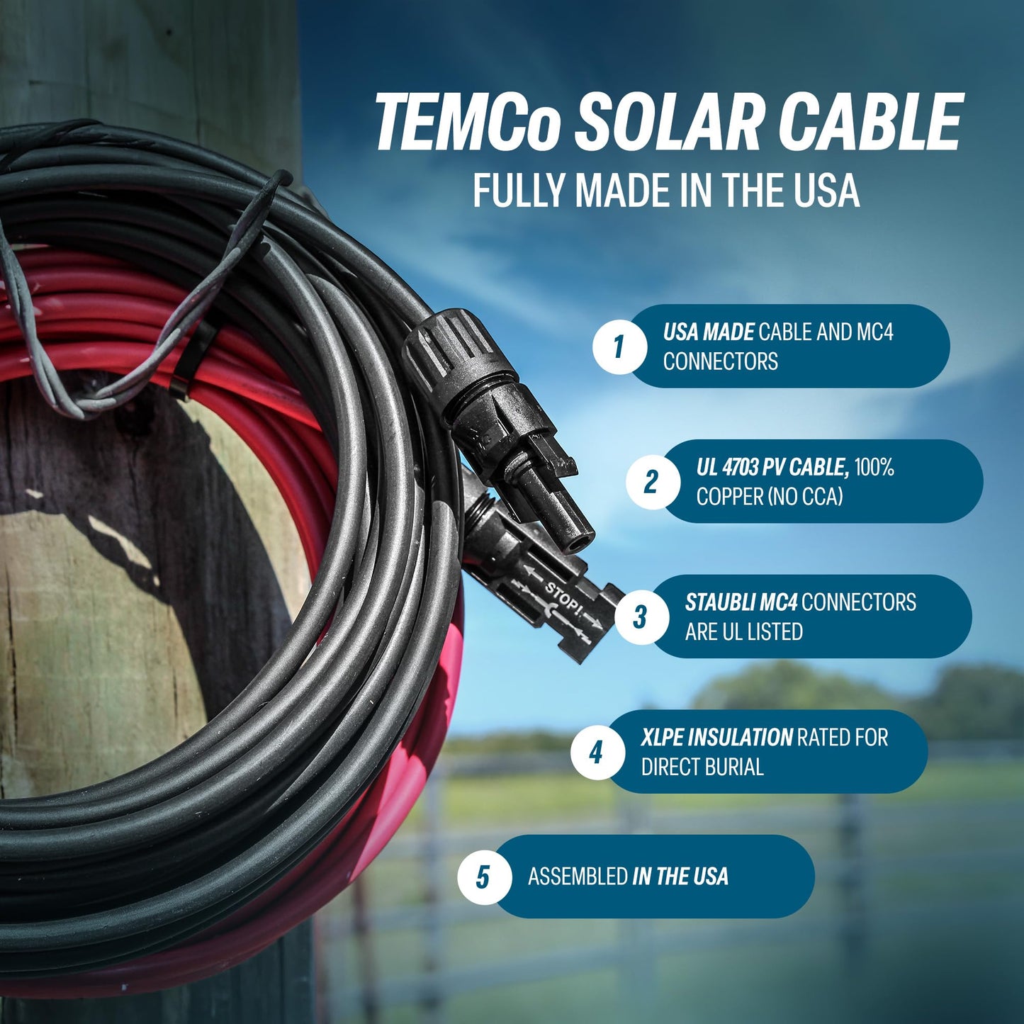 TEMCo Solar Panel Extension Cable 8 AWG 100 Ft Red + 100 Ft Black w/Staubli MC4 Connectors