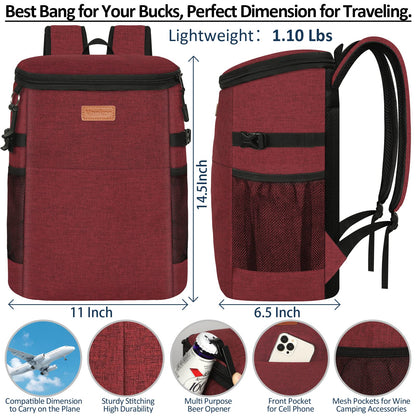 Camping Cooler Backpack 30 Cans, Soft Backpack Coolers Insulated Leak Proof Travel Cooler Bag Waterproof Lunch Picnic Beach Work Trip Thermal Bag Drink Beverage Beer Cooler Wine
