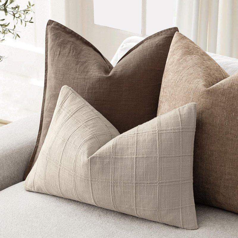 Foindtower Set of 2 Decorative Linen Check Throw Pillow Covers Neutral Farmhouse Lumbar Cushion Covers Modern Boho Home Decor for Sofa Chair Couch Bedroom Living Room,12×20 Inch,Natural Linen
