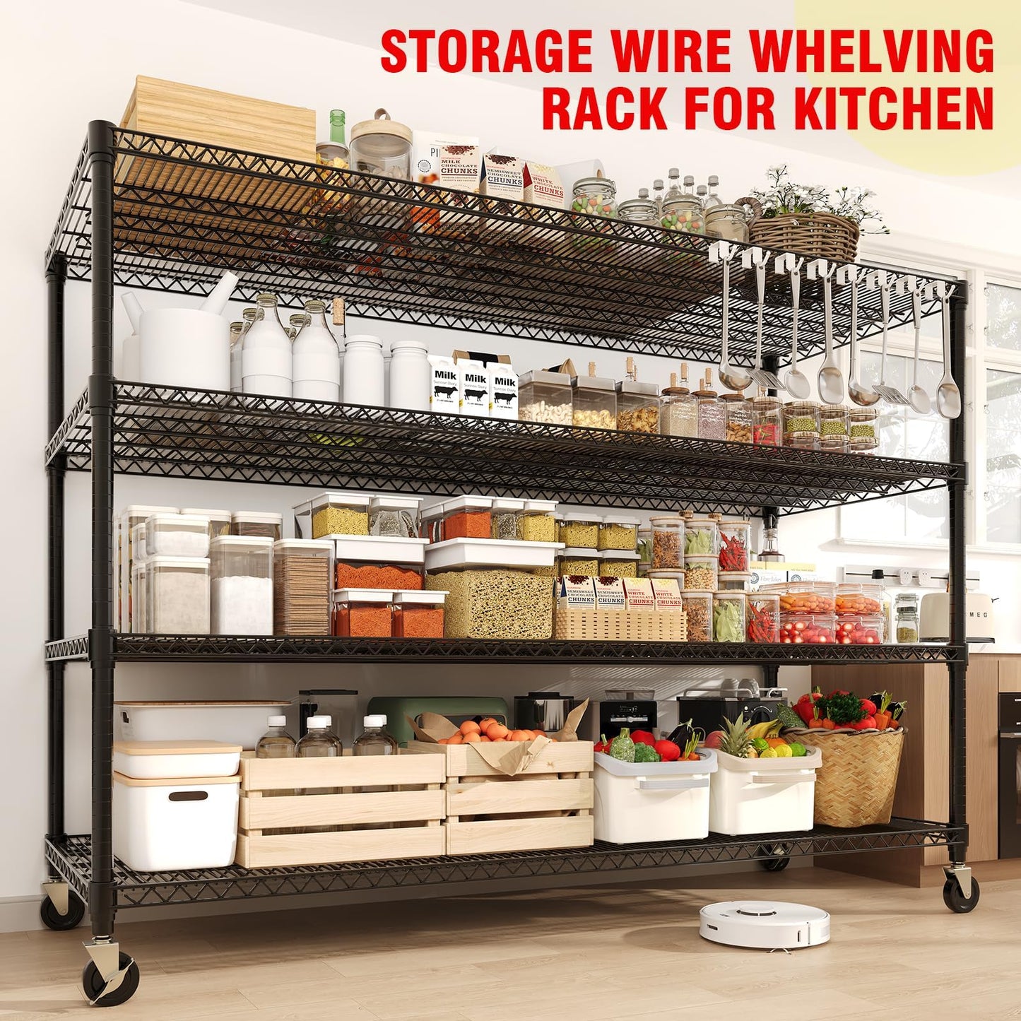 Metal Storage Shelving with Wheels, 4 Tiers Heavy Duty Rolling Storage Shelves with Adjustable Wire Racks, 59"W*74"H*24"D Garage Shelving Units, 2640LBS, for Kitchen Pantry Commercial Industrial,Black