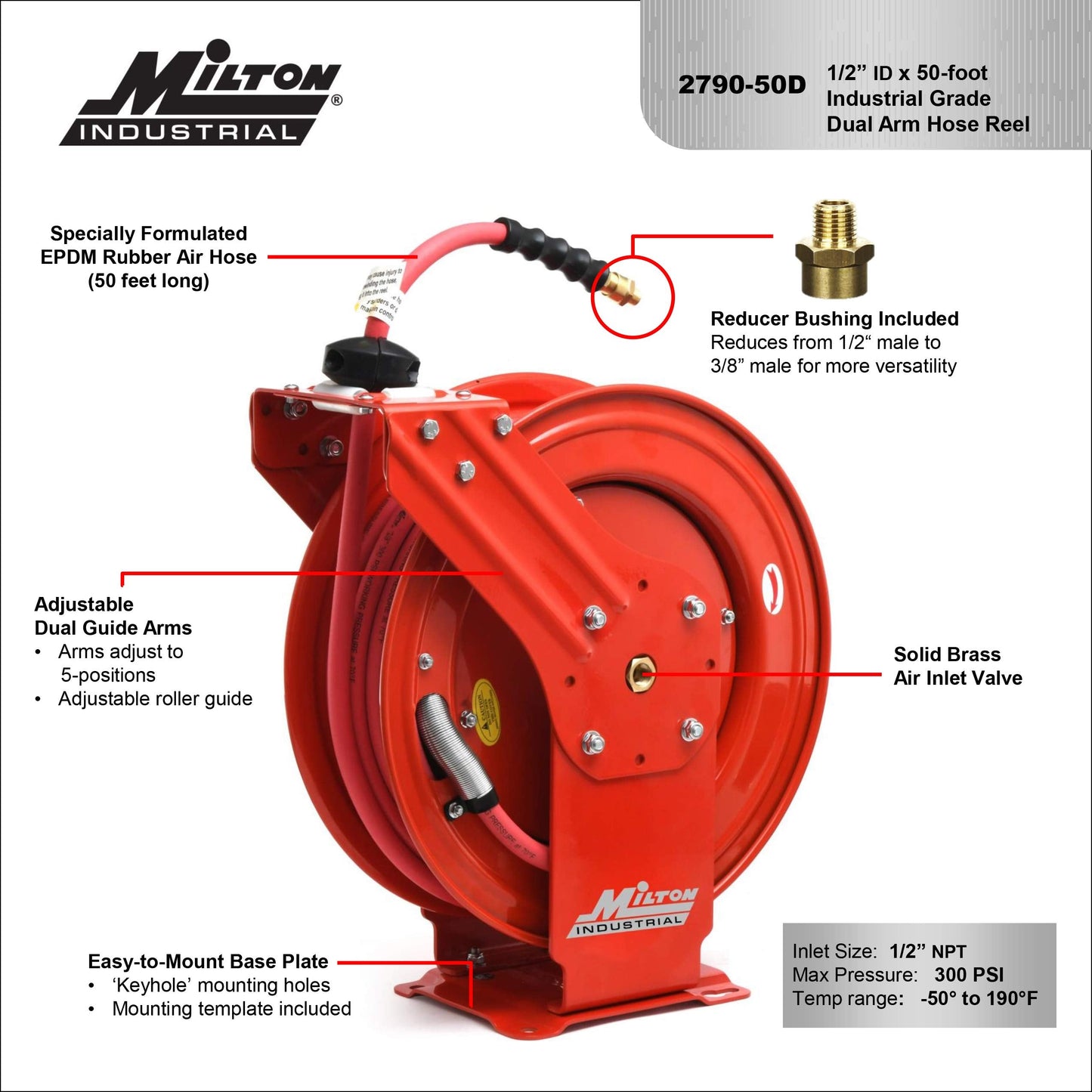MILTON Industrial Hose Reel 2790-50D, Auto Retractable, Chemical Resistant, Prevent Cracking, Flexible in Extreme Conditions,1/2” Hose ID, 50 Foot Rubber Hose, 300 PSI Max Pressure,1/2" Male NPT, Red