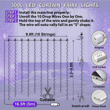HXWEIYE 300LED Fairy Curtain Lights, 9.8x9.8Ft USB Plug-in 8 Modes Christmas String Hanging Lights with Remote for Bedroom Backdrop Wedding Indoor Wall Decor, Purple, Standard – 1 Pack