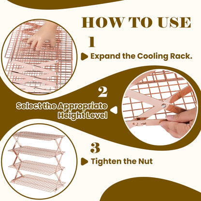 BEWOS 4 Tier Collapsible Cooling Rack - Adjustable Stainless Steel Baking Rack with Mesh Leak Proof，Foldable X-Shaped Structure Cooling Racks for Cooking and Baking, Dishwasher Safe（ Rose Gold）