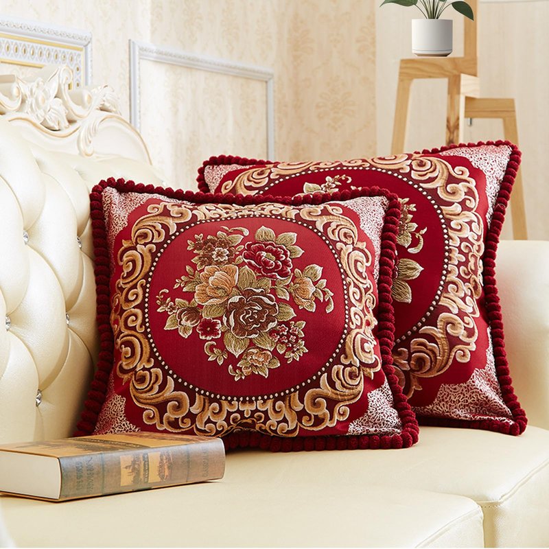 SZHELEJIAM Throw Pillow Covers 18x18 Set of 2, Jacquard Retro Embroidered Cushion Covers for Sofa Living Room, Red Decorative Pillow Cases Red