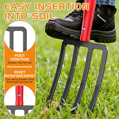 HIGHLIGHT Garden Fork, 4-Tine Spading Fork, Compost Fork, Steel Digging Fork, 45Inch, Steel D-Grip, Wooden Handle