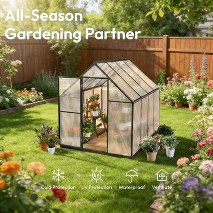 6x8 FT Greenhouse for Outdoors, Polycarbonate Greenhouse with Quick Setup Structure and Roof Vent, Aluminum Large Walk-in Green House for Outside Garden Backyard, Charcoal Black