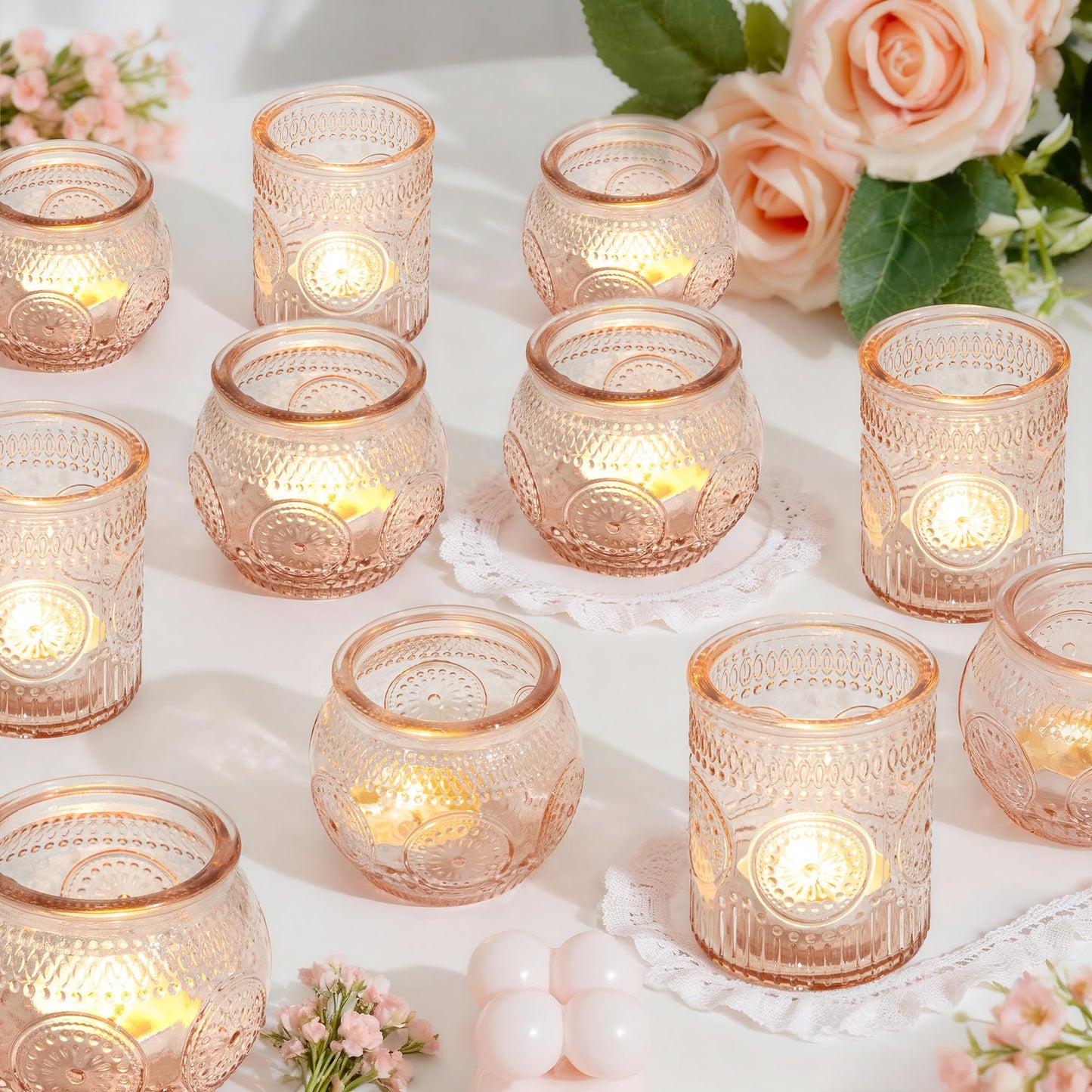 WELLIFE 24-Piece Pink Glass Votive Candle Holders Set – Tealight Candle Holder Glass Bulk with 12 Round & 12 Sunflower Textured Cups, Pink Votive Candle Holders for Weddings, Parties, Home