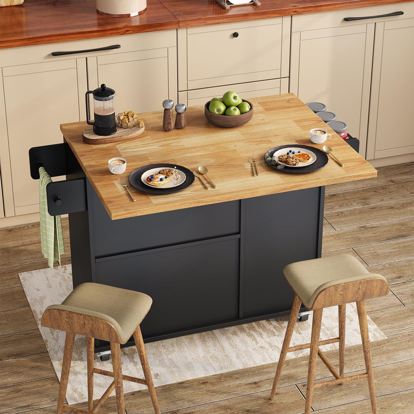 Rolling Kitchen Island with Storage Cabinet, 41.3'' Width Kitchen Cart with Desktop Drop Leaf Countertop, Portable Mobile Island with Towel Rack, Spice Rack Shelf and Lockable Wheels, Black