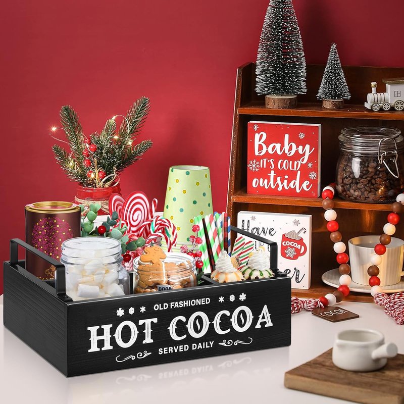 Hot Chocolate Bar Organizer with Handle, Farmhouse Hot Bar Supplies for Chocolate Maker, Countertop Wood Coffee Station Organizer Decorative Storage Bins, Cocoa Lovers Gift