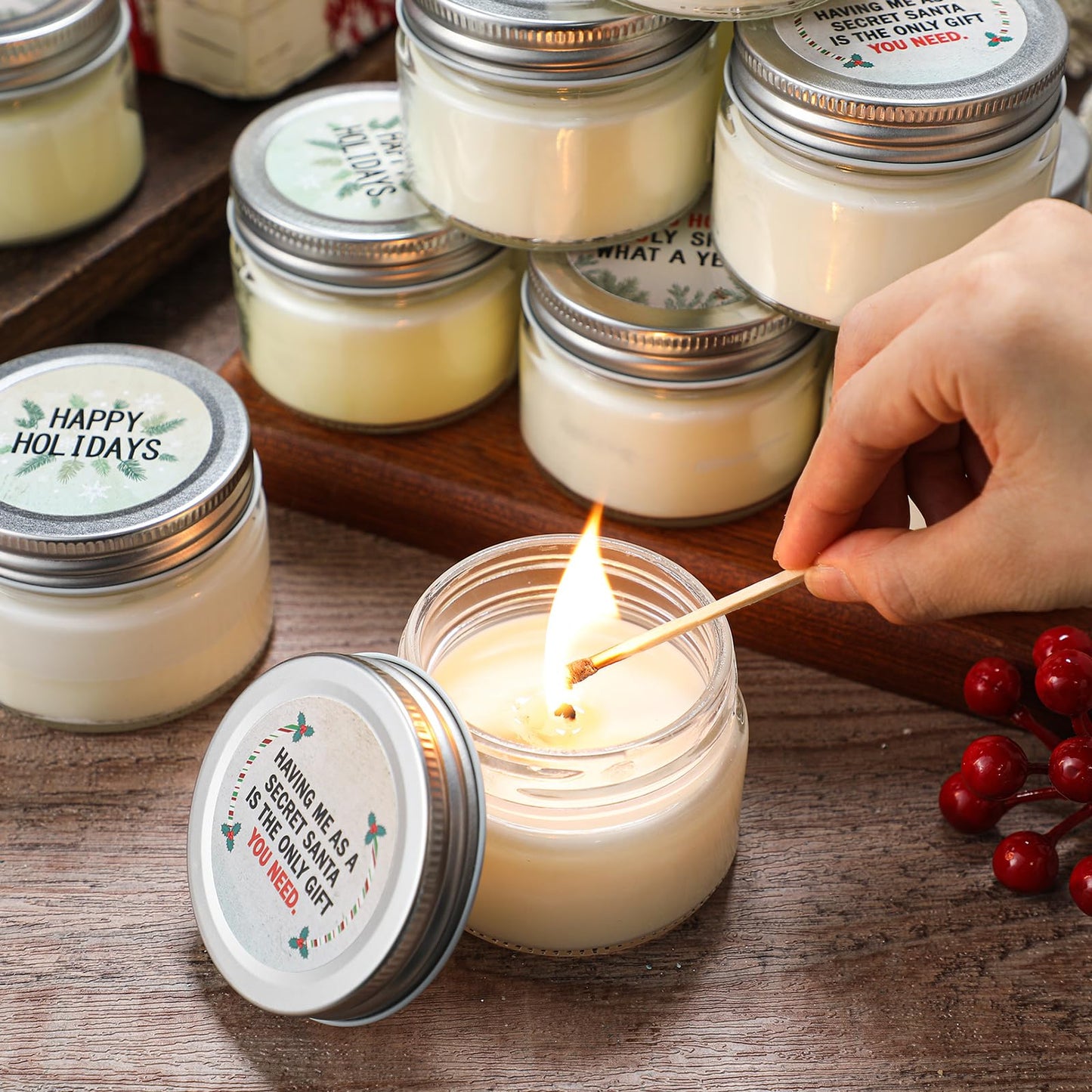 Conelist 12 Pcs Christmas Candle Jar Gift Bulk Mason Jar Christmas Scented Candle Mini Small Soy Wax Aromatherapy Gifts Xmas Stocking Stuffers for Neighbor Women Friends Christmastide Gifts