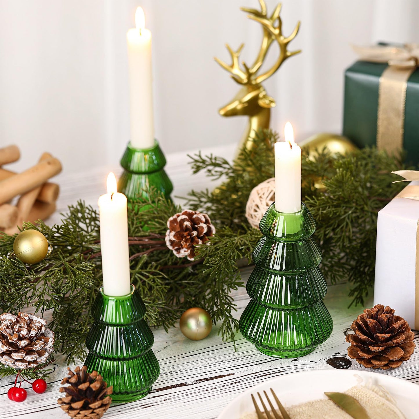 Leinuosen 4 Pcs Christmas Tree Candle Holder Green Glass Candlestick Holder for Taper Candle Stand Modern Green Candlestick for Christmas Holiday Table Centerpiece Mantel Home Room Party Decor Gift