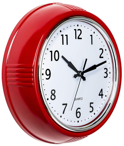 Bernhard Products Retro Wall Clock 9.5 Inch Red Kitchen 50's Vintage Design Round Silent Non Ticking Battery Operated Quality Quartz Clock