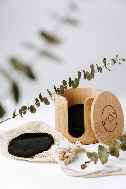EIRA's Washable Makeup Remover Pads - Black Bamboo Reusable Cotton Rounds with Wooden Holder. Makeup Remover Cloths - Eco-Friendly - Zero Waste Reusable Makeup Remover Pads Set