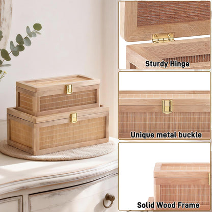 HuiDao Rattan Decorative Box, Boho Display Boxes with Lids, Set of 2 Rectangular Wicker Storage Basket, Natural Woven Cane Bins for Home Decor (Rectangular)
