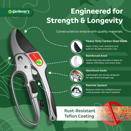 Ratchet Pruning Shears Gardening Tool – Anvil Pruner with Assisted Action – Ratcheting Pruners for with Heavy Duty, Nonstick Steel Blade – Garden Tools by The Gardener's Friend