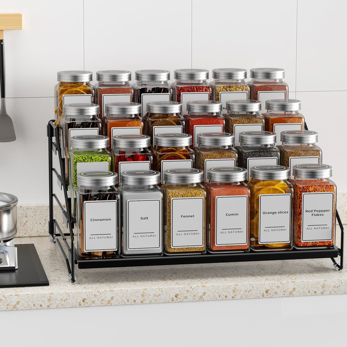 4 Tier Spice Rack for Cabinet, Spice Rack Organizer, Depth Adjustable Spice Holder for Countertop, Cupboard, Pantry, Seasoning Shelf, Metal, Black (1 Pack)