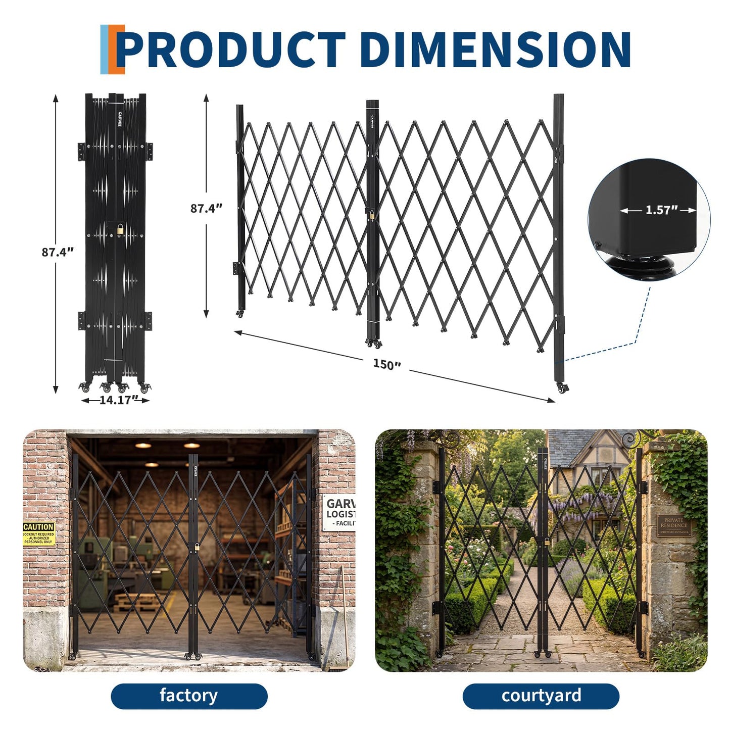 12.5FT Metal Expandable Mobile Barricade,Industrial Folding Security Gate Driveway Gate, Retractable Retractable Gate Outdoor,Folding Safety Barricade with Casters