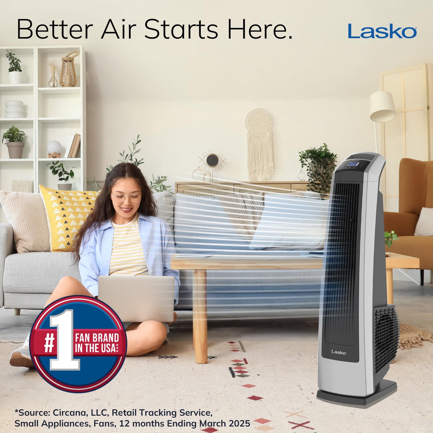 Lasko High Velocity Oscillating Tower Fan, 3 Powerful Speeds, Timer, Adjustable Directional Louvers, Remote Control, For Bedroom, Basement, Garage Use, Black/Silver, 35", U35120