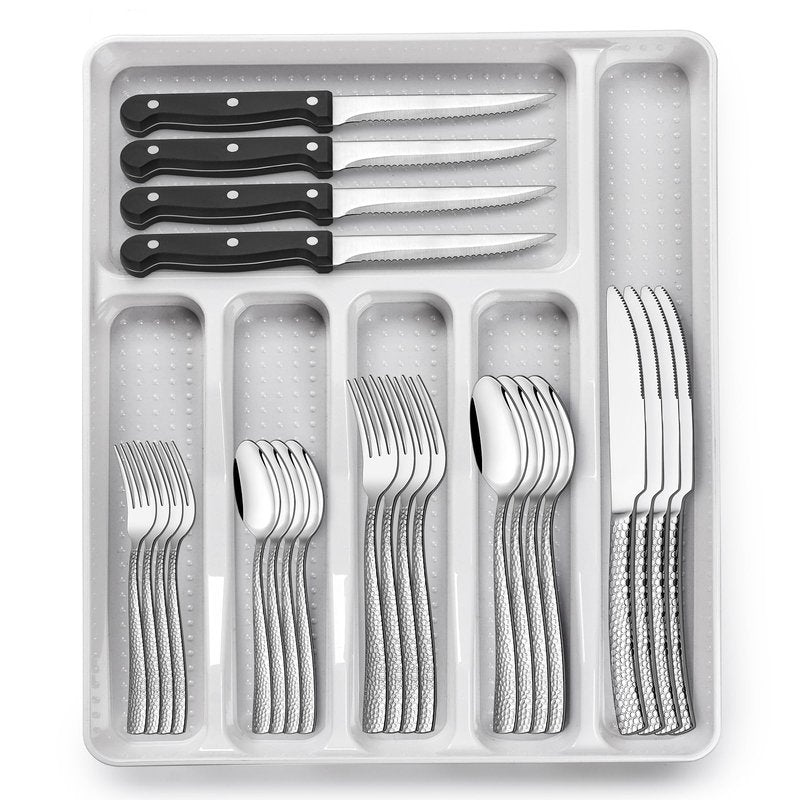 49-Piece Hammered Silverware Set with Organizer, Food-Grade Stainless Steel Flatware for 8, Cutlery Utensil Sets with Steak Knives, Rust-proof, Mirror Polished, Dishwasher Safe, Wave Hammered