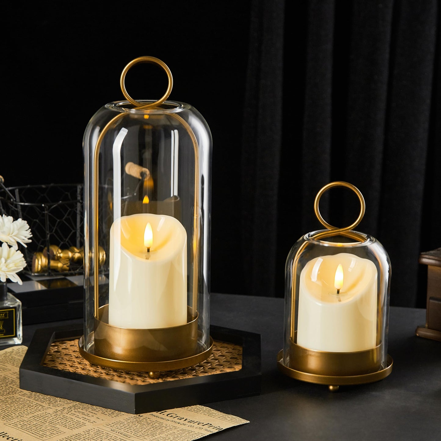 Ganwu 5"&4" Metal Candle Holder with Handmade Glass Dome in Brass & 2 Timer Candles, Set of 2 Versatile Hurricane Glass Candle Holders for Pillar Candles & Plants