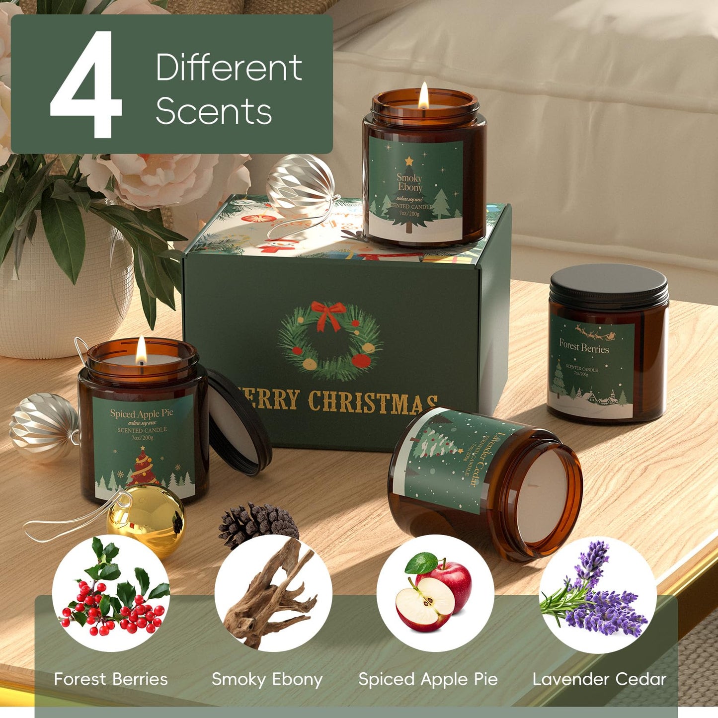 Christmas Candles Gift Set for Women, Scented Soy Candles for Home, 4 Pack 7 oz Fall Fragrance of Smoky Ebony/Spiced Apple Pie/Lavender Cedar/Forest Berries