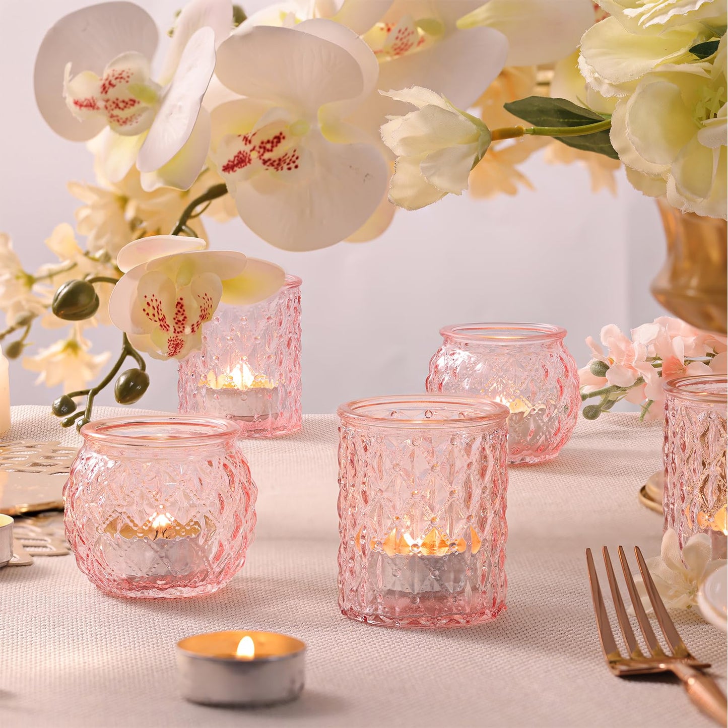 DARJEN 12Pcs Pink Votive Candle Holders- Glass Candle Holders Bulk for Flameless Tea Waxes, Romantic Candle Holder for Wedding & Parties, Home Table Decor