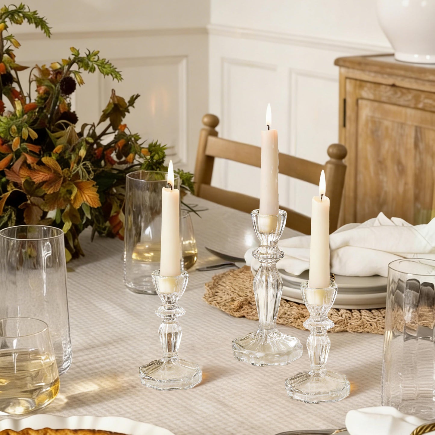 CHOCSTAY Glass Candlestick Holders Set of 6, Clear Stripe Taper Candle Holders for Table Centerpiece, Home Decorations, Wedding and Party