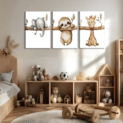 3Pcs Nursery Animal Canvas Wall Art Safari Nursery Poster Prints Jungle Kids Painting Cute Animal Elephant Sloth Giraffe Artwork Picture Wall Decor for Boys Room Girls Room 16x24in Framed