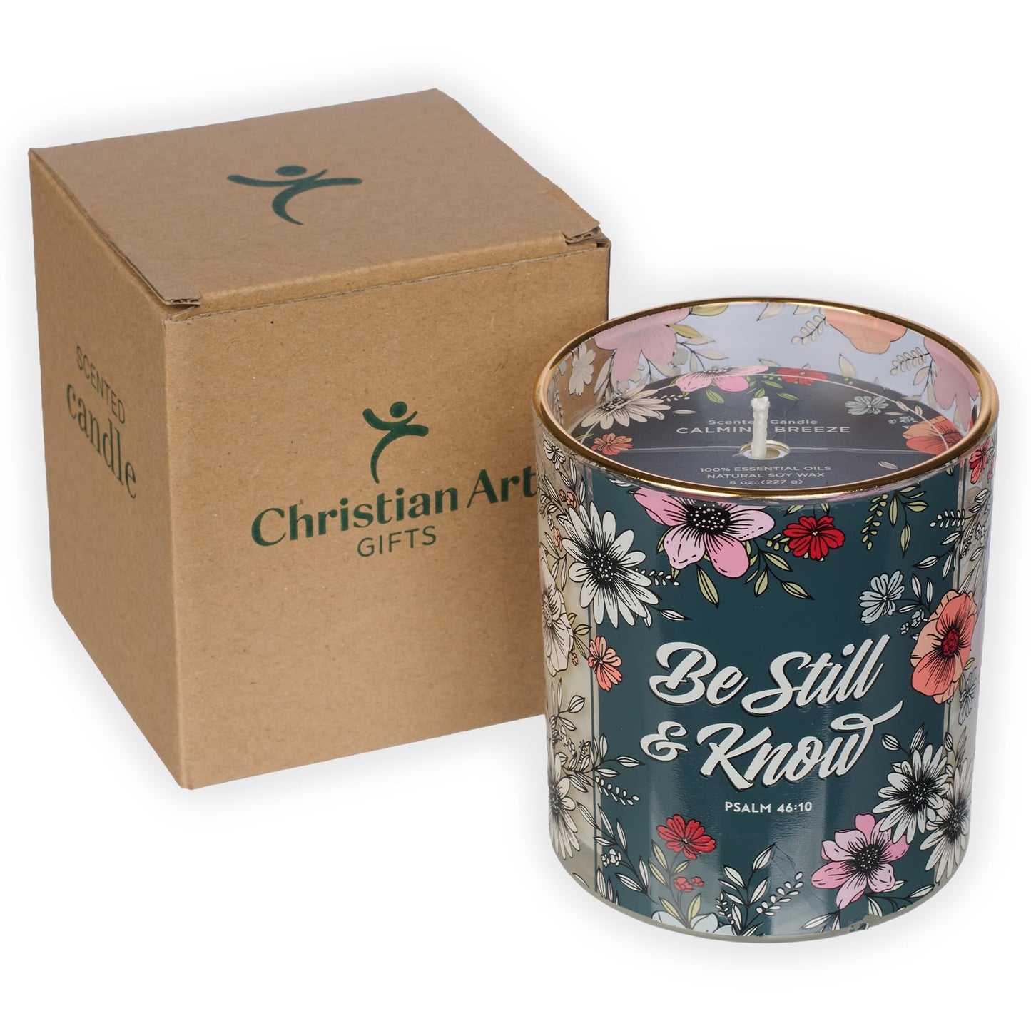 Christian Art Gifts Be Still & Know Scented Candle: Soy Wax, Pure Essential Oils, Calming Breeze Scent, Bible Verse, Floral Design Glass Jar, Encouragement Gift for Women, 40 Hours Burn Time