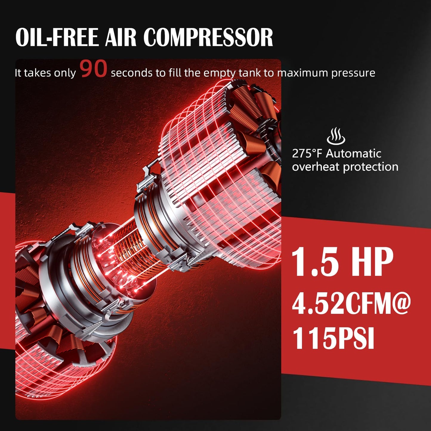 8 Gallon Ultra Quiet Air Compressor, 1.5HP 4.52 CFM, Max 115 PSI Oil-Free Air Compressor Tank for Car Repair, Spray Painting, Woodwork Nailing, 110V/60hz, 70dB