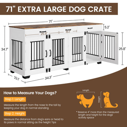Garvee 71" Dog Crate Furniture for 2 Dogs, Heavy Duty Indoor Dog Kennel TV Stand, XL Wooden Dog Cage with Divider for Medium Large Dogs, End Table Dog Crate