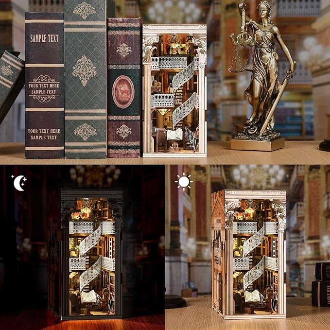 DIY Book Nook Kit for Adults 3D Wooden Puzzle Bookend Bookshelf Insert Decor with LED Light and Dust Cover (Law Library)