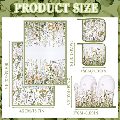Leinuosen 6 Wild Flower Kitchen Towels Kitchen Decor and Accessories Set Floral Plant Oven Mitts and Pot Holders Sets Farmhouse Absorbent Dish Towels for Cooking Baking Grilling