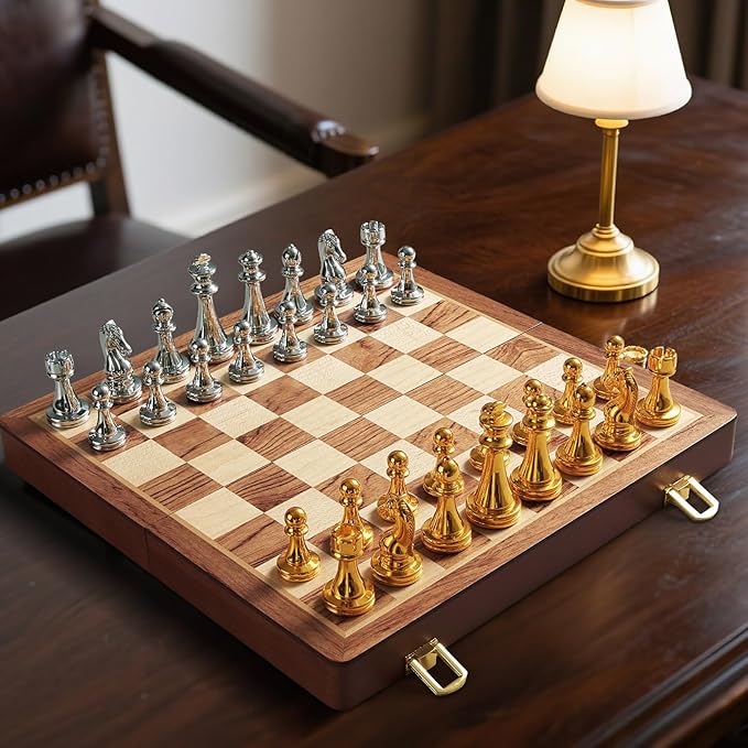 Metal Chess Set for Adults Kids 12'' Folding Wooden Chess Board with Metal Chess Pieces Handcrafted Portable Travel Chess Sets Game for Beginner Professional (Weighted Non-Magnetic)