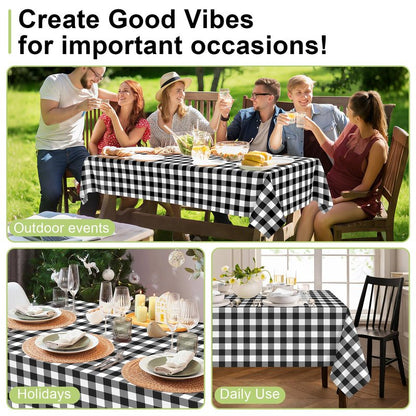 QIKSION Black Gingham Tablecloth Disposable 3 Pack, 54 x 108 Inch Black and White Checkered Table Cloth for Picnic, Outdoor BBQ Decorations, Birthday Party Supplies, Rectangle, Plastic Table Cover